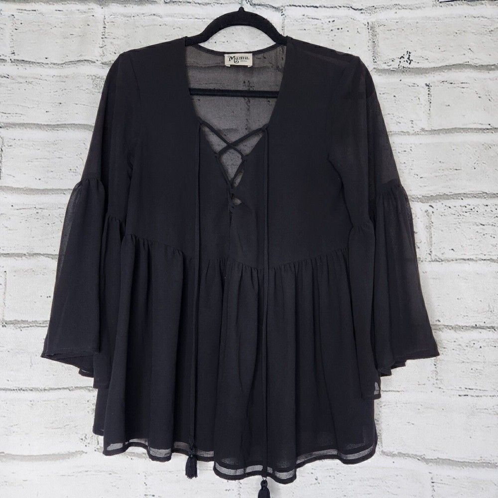 Show me Your Mumu Women's Solid Black Poet Tie Top Size Small Long Sleeve